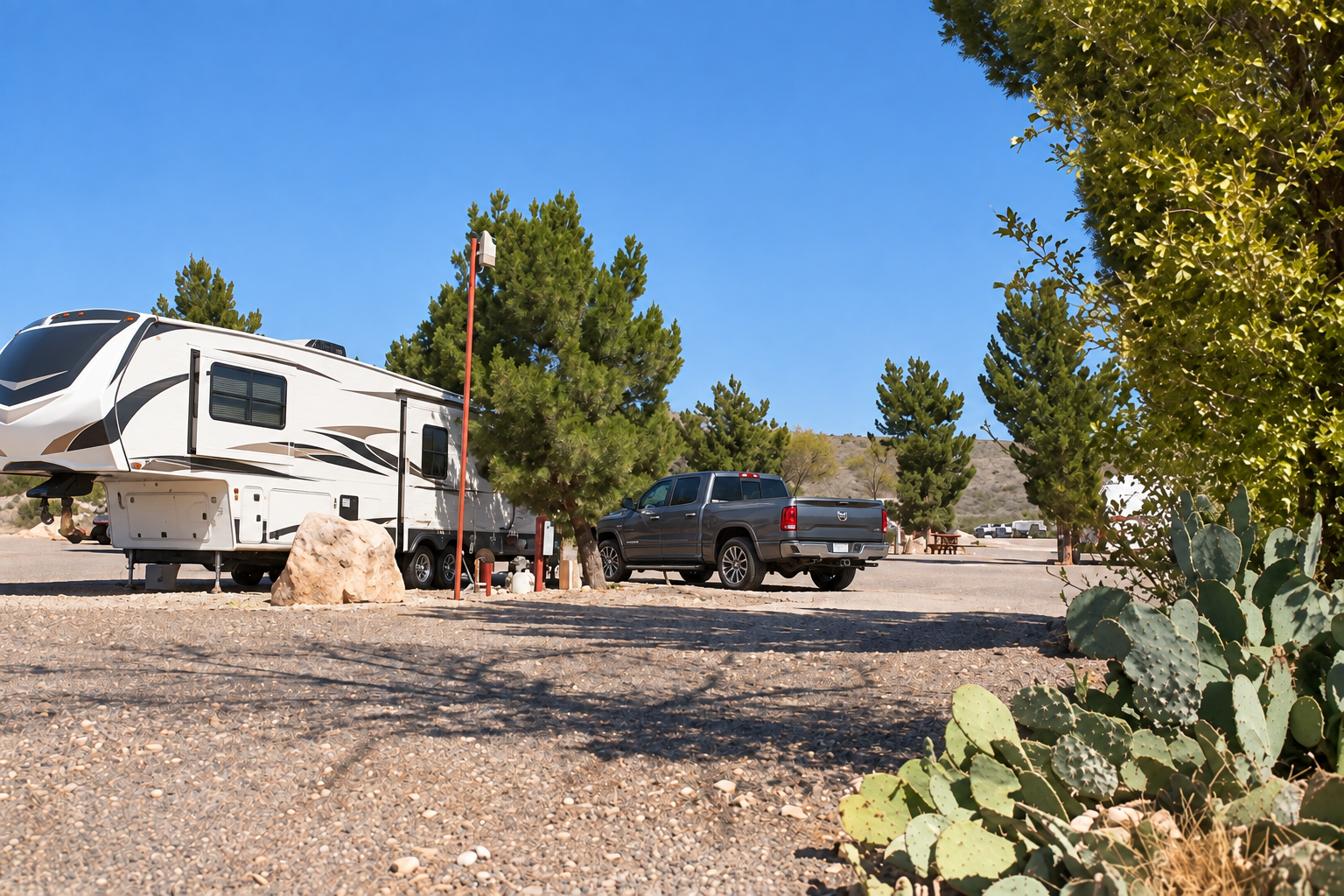 Fifth-wheel RV and pickup at Canyons RV Park